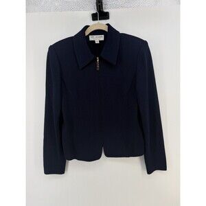 St Johns Marie Gray Knit Zip Up Sweater Navy Blue Cardigan Size 8 Old money